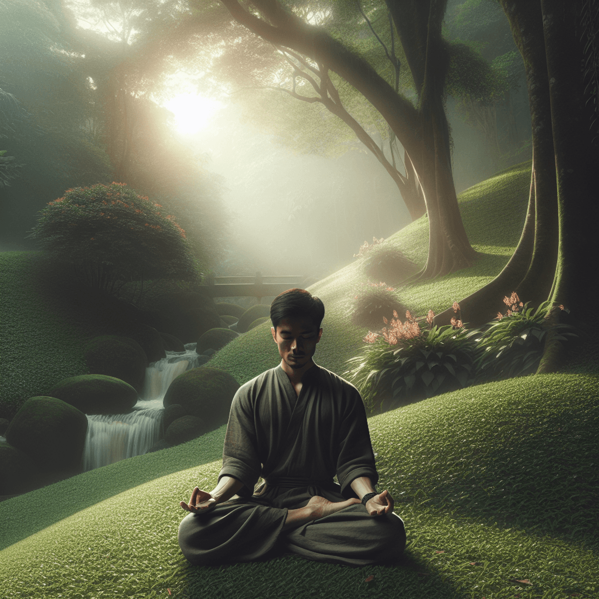 An Asian individual sits cross-legged on lush green grass atop a serene hill, embodying tranquility and deep meditation. Sunlight gently filters throu