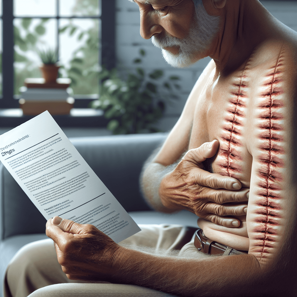 An adult of Caucasian or Hispanic descent, looking concerned while holding a leaflet about shingles, seated in a cozy living room. A subtle band-like