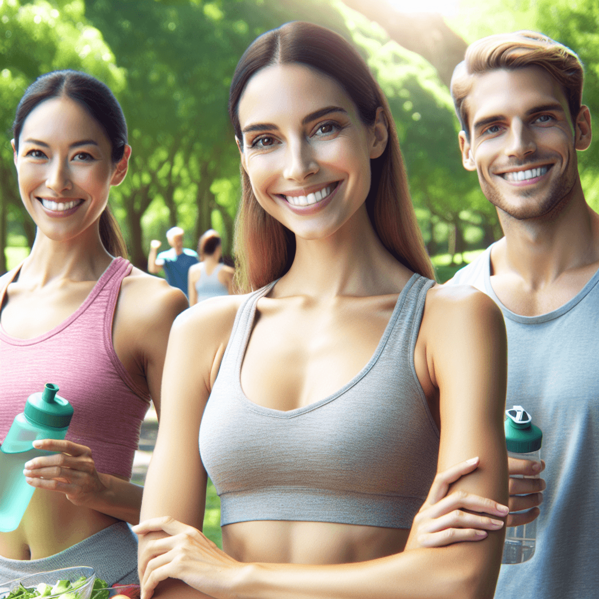 A Caucasian woman, an Asian man, and a Hispanic woman are gathered outdoors in a lush green park, smiling and looking energized. The woman is doing st