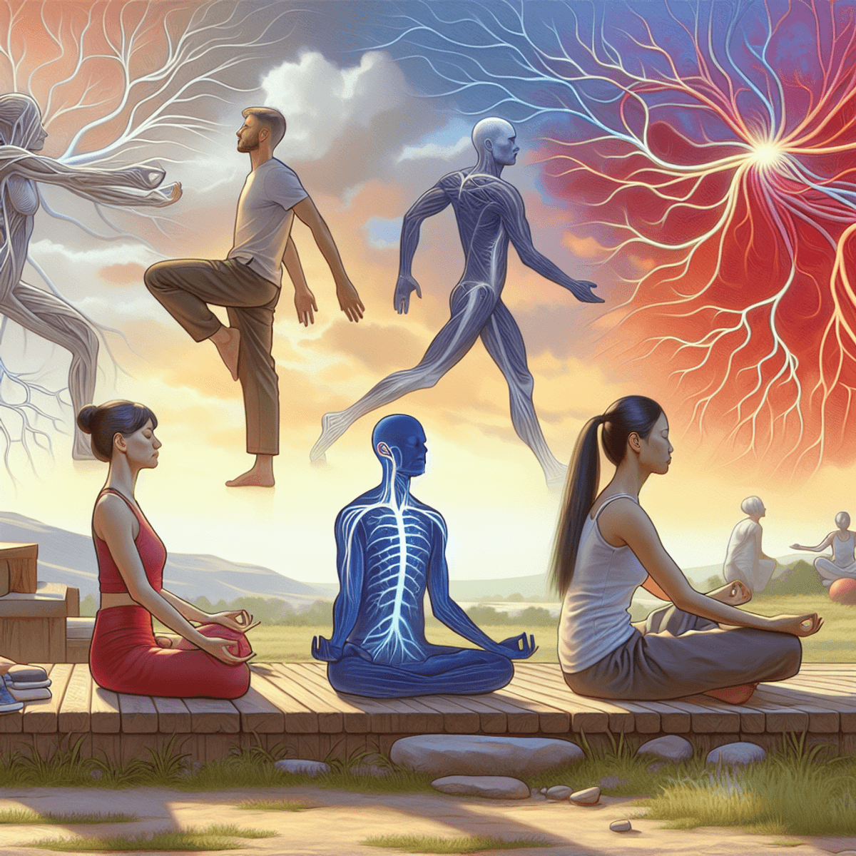 A serene outdoor scene featuring a Caucasian woman stretching, a Hispanic man meditating, and an Asian woman practicing deep breathing exercises, all