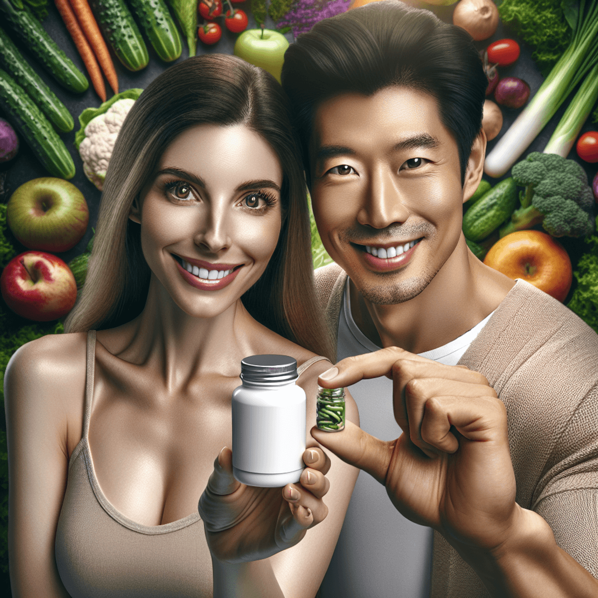 A Caucasian woman and an Asian man smile while holding a small round bottle that represents a dietary supplement, their fingers gently touching it. Th