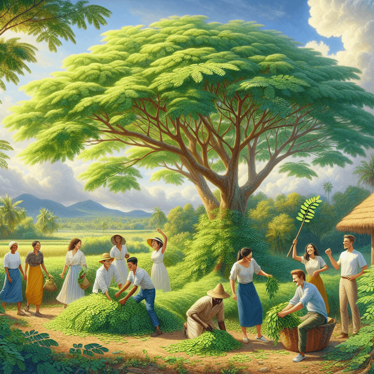 A vibrant Moringa tree with lush green leaves stands in a picturesque outdoor setting, surrounded by two diverse groups of people: one group of white