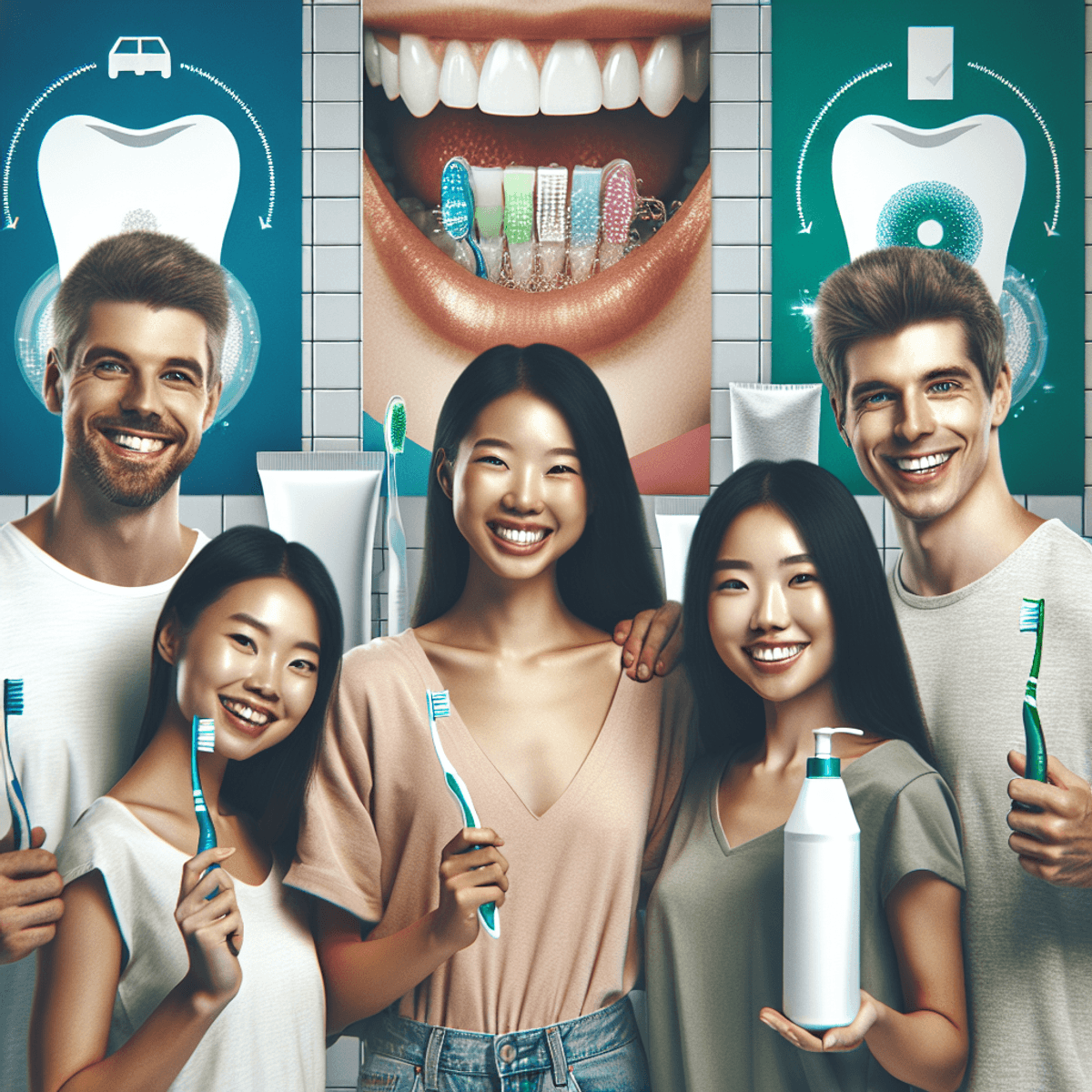 A diverse group of three individuals, one Caucasian, one Asian, and one Hispanic, stand together in a bright and clean bathroom, each holding dental c