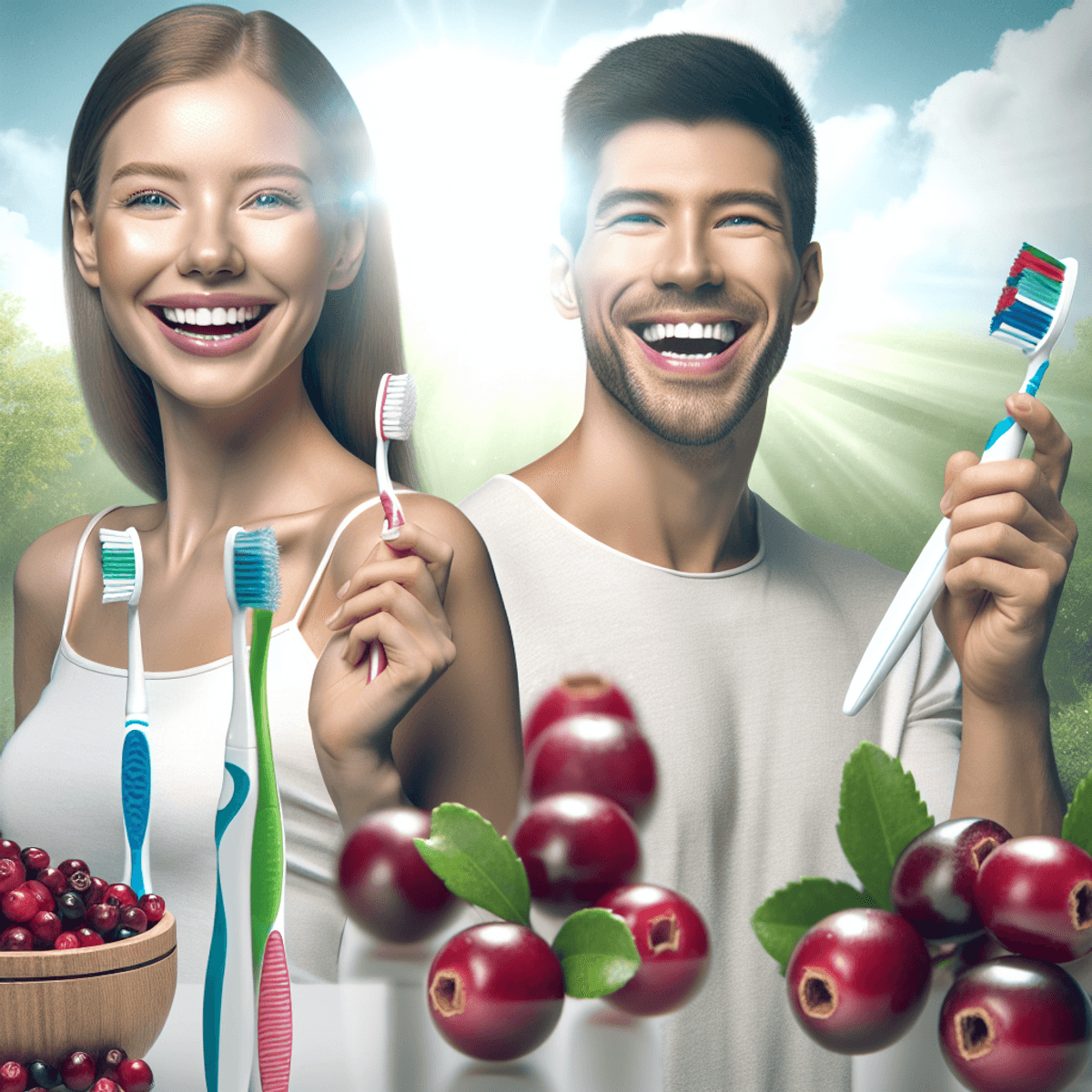 A Caucasian woman and an Asian man smile joyfully while holding colorful toothbrushes in a bright, serene setting. The scene is filled with natural li