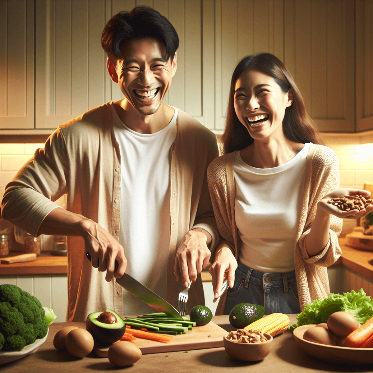 A cheerful Asian man and a Caucasian woman happily preparing healthy keto meals in a warmly lit kitchen, surrounded by fresh vegetables, avocados, and