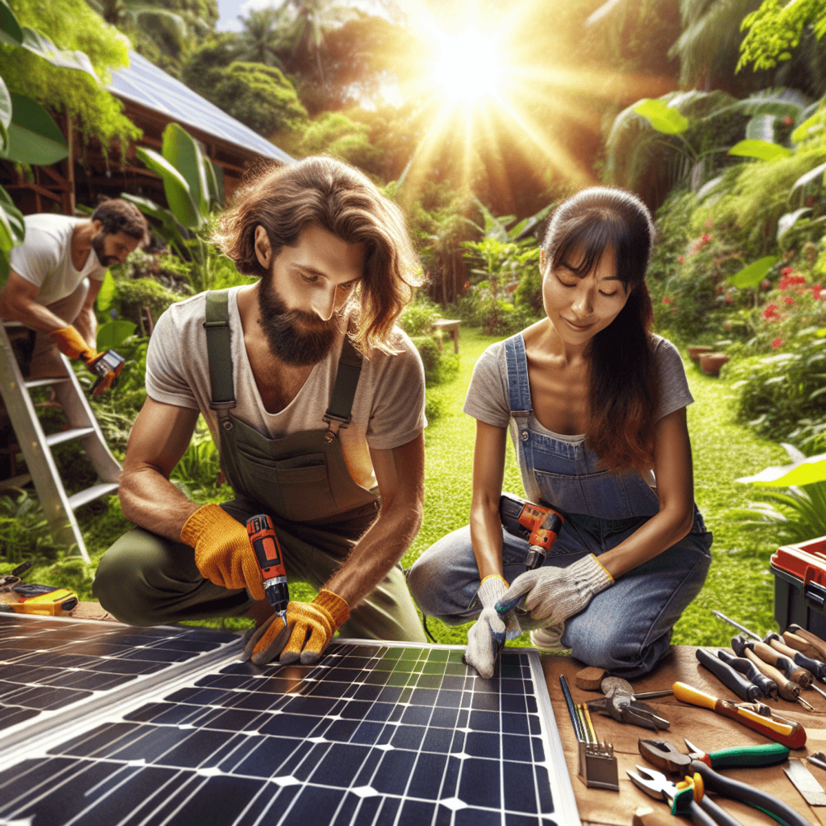 A diverse team, including a Caucasian man and an Asian woman, collaborates on assembling solar panels in a vibrant green backyard, surrounded by tools