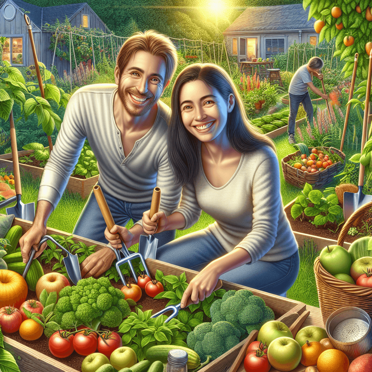 A Caucasian male and a Hispanic female joyfully tending to a vibrant backyard garden filled with an array of fruits, vegetables, and herbs, surrounded