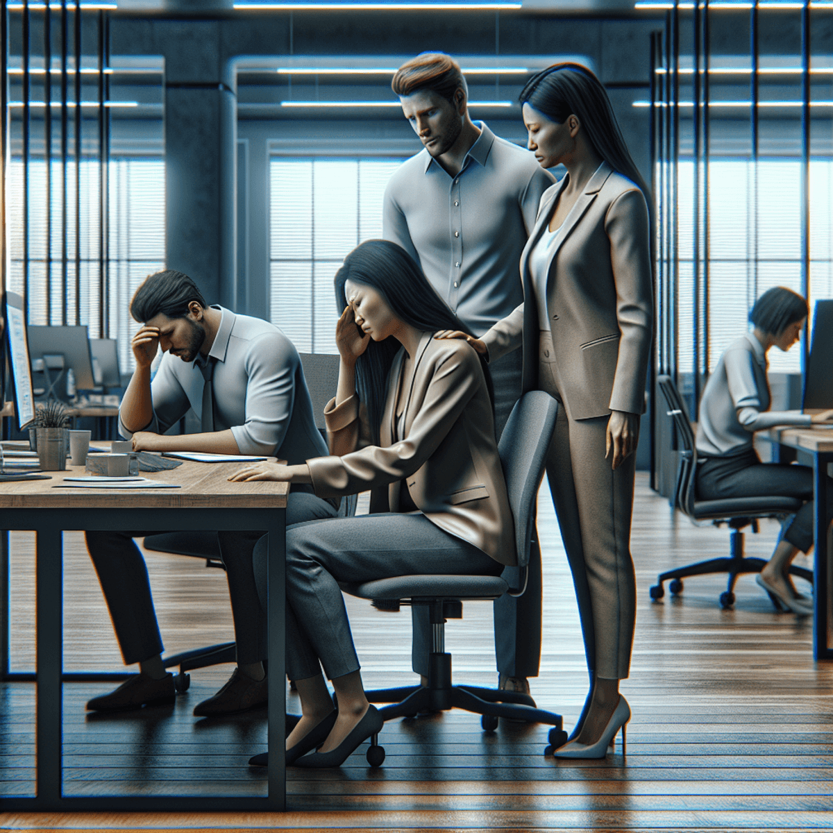 A modern office setting featuring a diverse group of employees. An Asian woman sits at her desk, visibly uncomfortable, suggesting she is experiencing