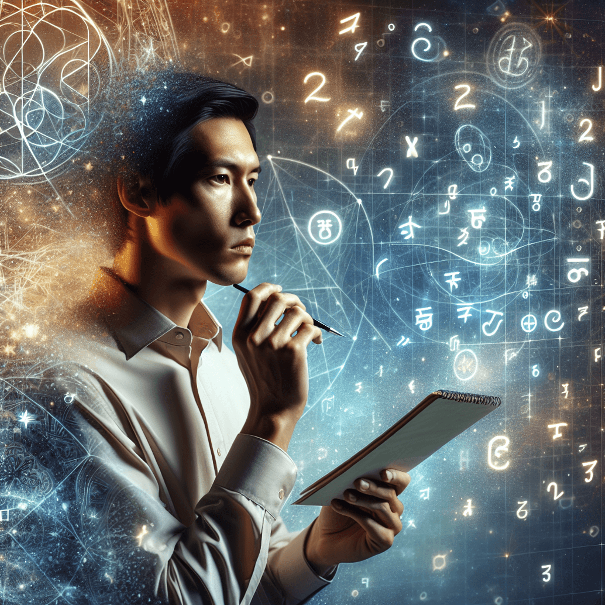 A thoughtful Asian man is holding a notepad filled with abstract symbols, surrounded by celestial elements like stars and glowing patterns. The backgr