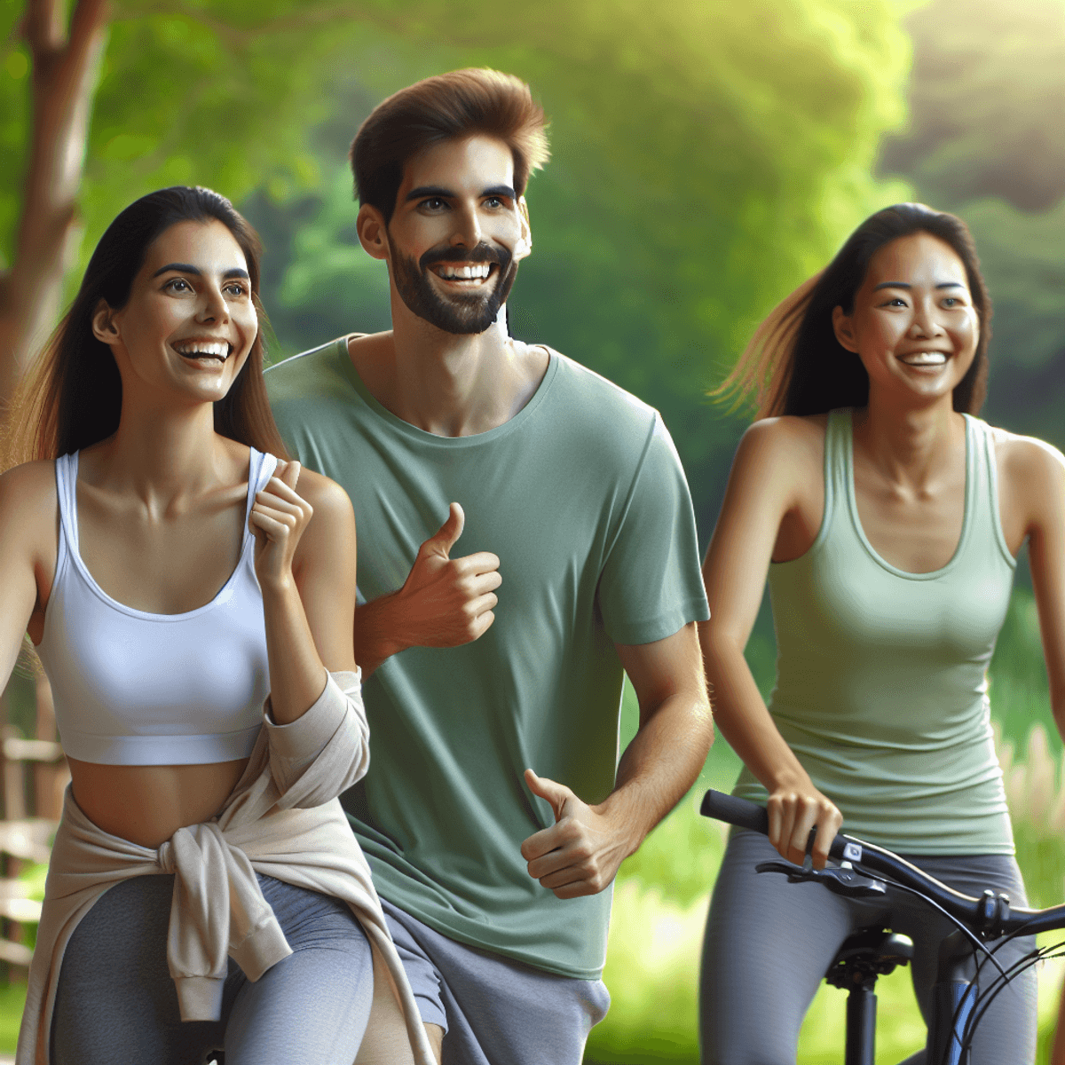 A joyful scene depicting a white woman jogging, a Hispanic man cycling, and an Asian woman running alongside them, all smiling and enjoying the fresh