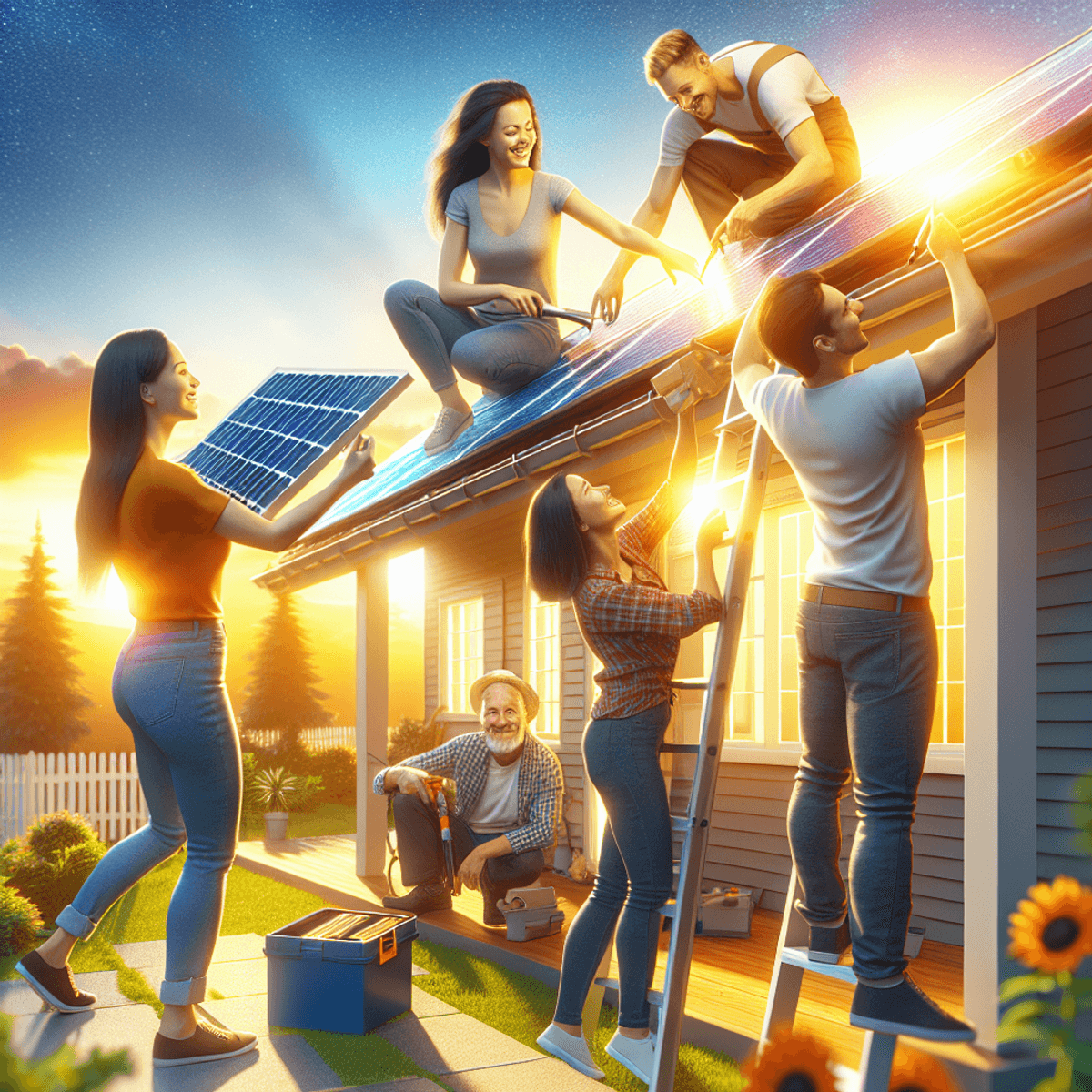 A diverse group of three homeowners, a Caucasian woman, a Hispanic man, and an Asian individual, work together enthusiastically to install solar panel