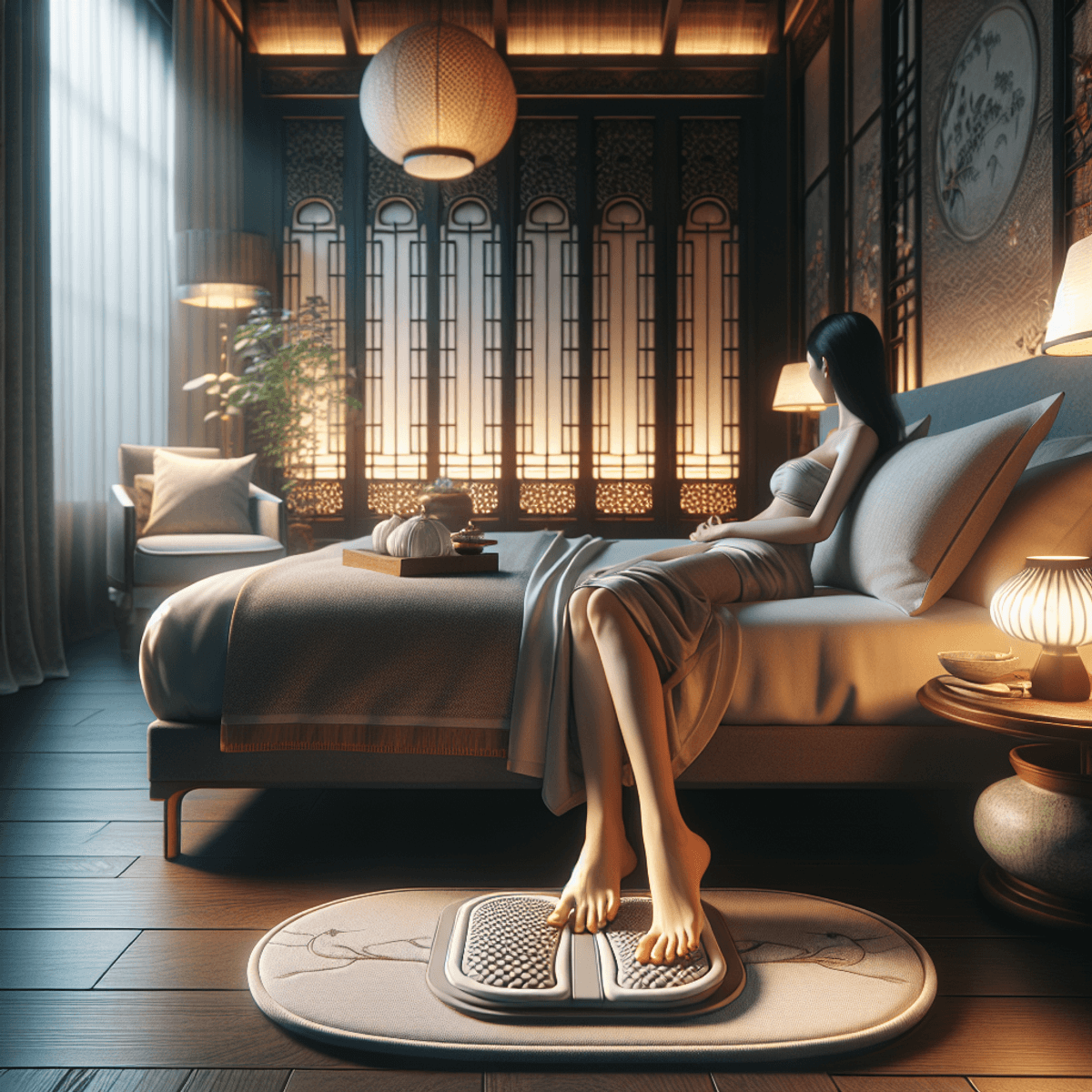 A serene bedroom featuring a cozy bed with detoxifying foot pads placed on it, softly lit to create a calming atmosphere. An East Asian woman is relax