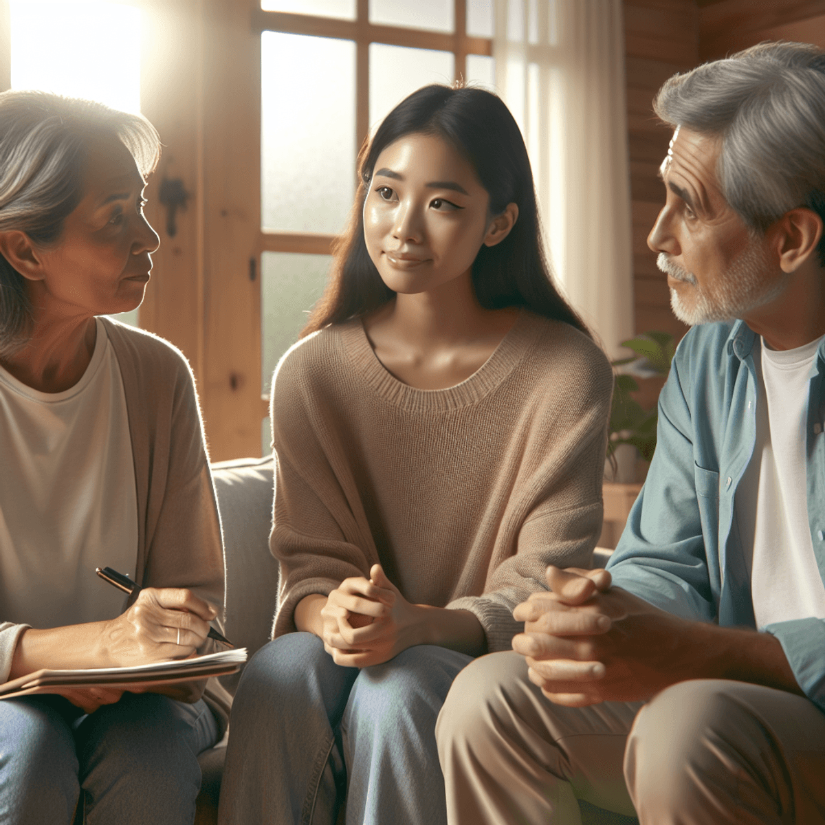 A Caucasian woman, an Asian man, and a Hispanic elder sitting in a cozy, well-lit living room, engaged in a serious discussion about migraines and hea