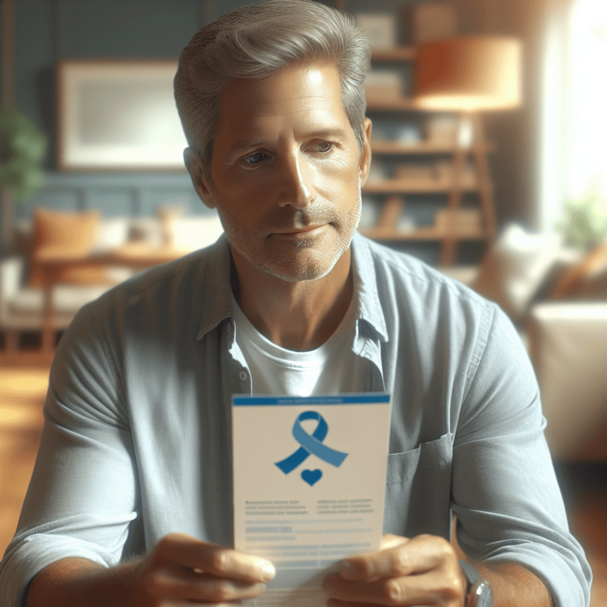 A middle-aged Caucasian man sitting in a cozy, warmly-lit living room, holding a generic medical pamphlet in his hands. He has a thoughtful and contem