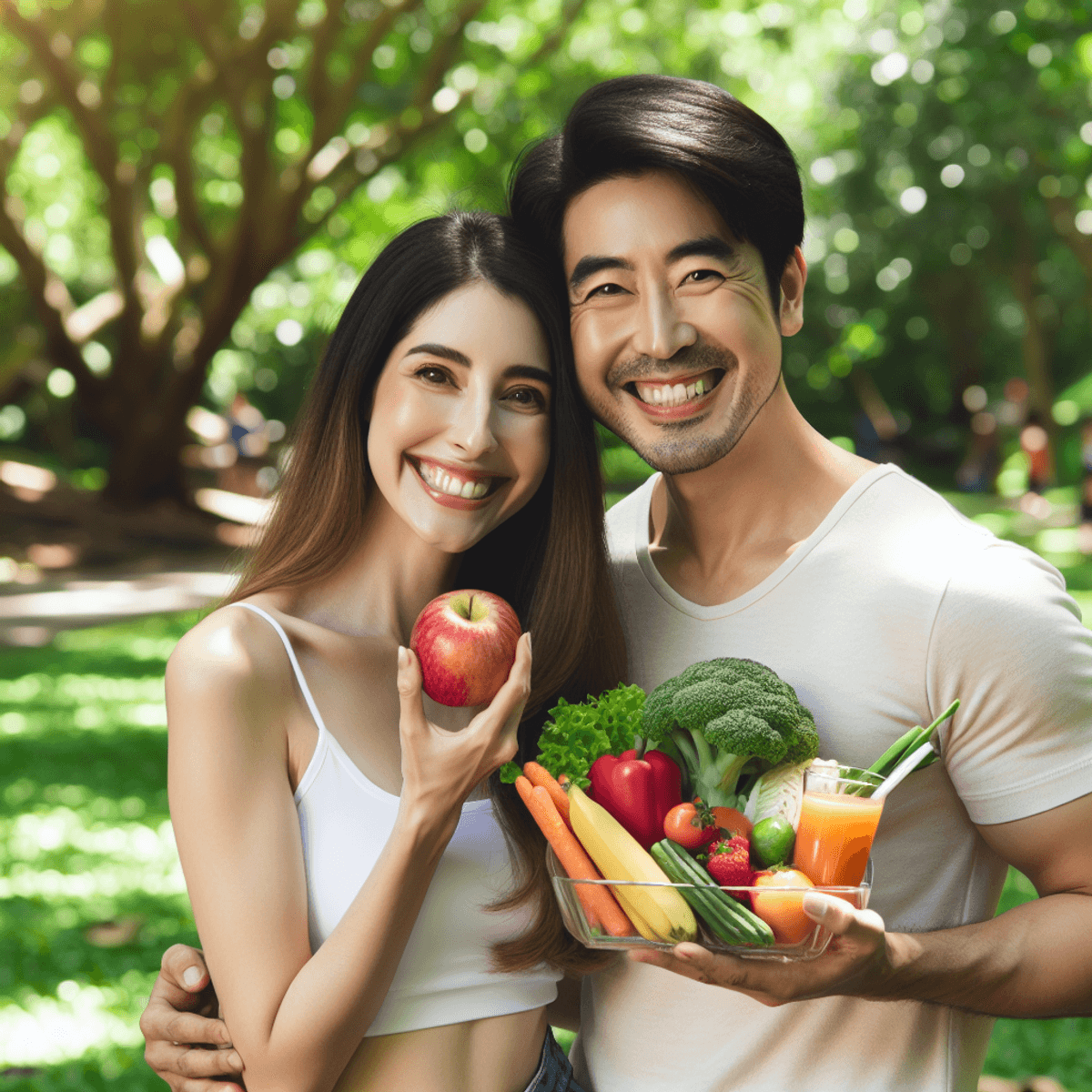 A Caucasian woman and an Asian man are joyfully exercising together in a vibrant green park, surrounded by blooming flowers and tall trees. They are s