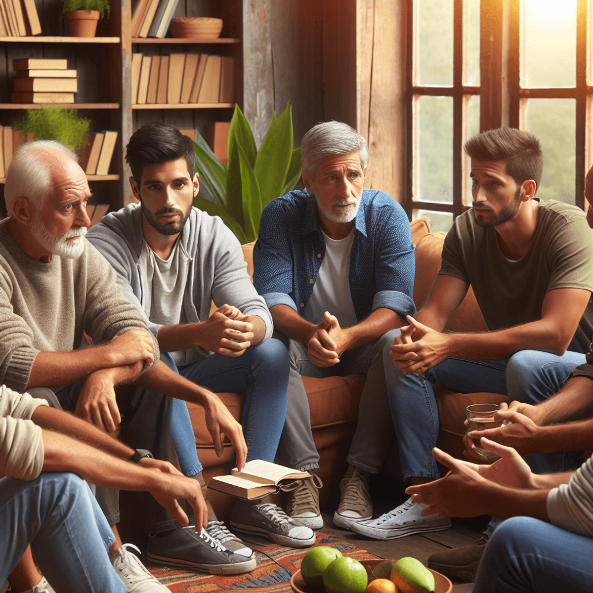 A diverse group of men, including Caucasian, Hispanic, and Asian individuals, sit together in a cozy living room filled with warm lighting. They engag