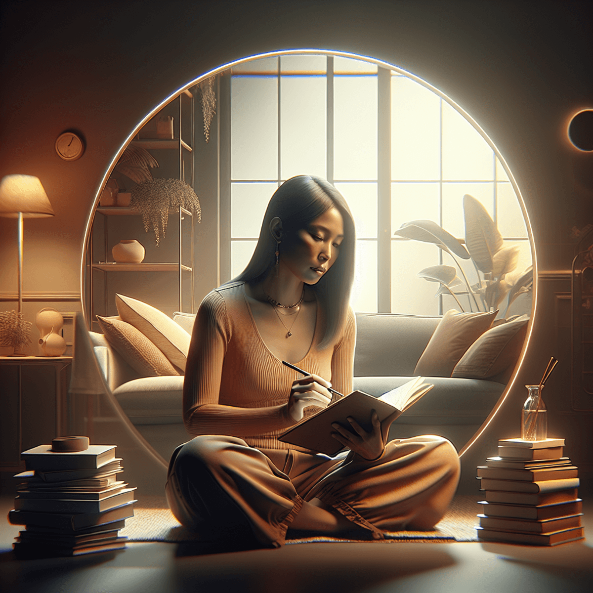 A reflective South Asian woman seated comfortably in a serene setting, holding a diary and pen, surrounded by soft lighting. The ambiance is calming,