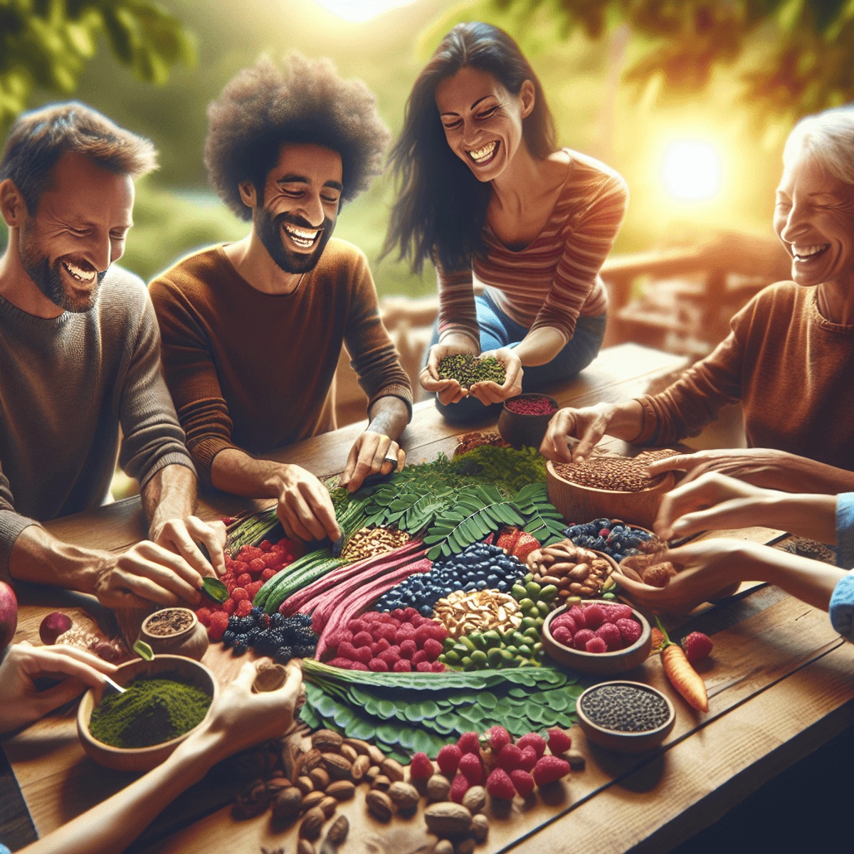 A diverse group of people, including a smiling Caucasian man and a joyful Hispanic woman, gather around a rustic wooden table filled with an array of