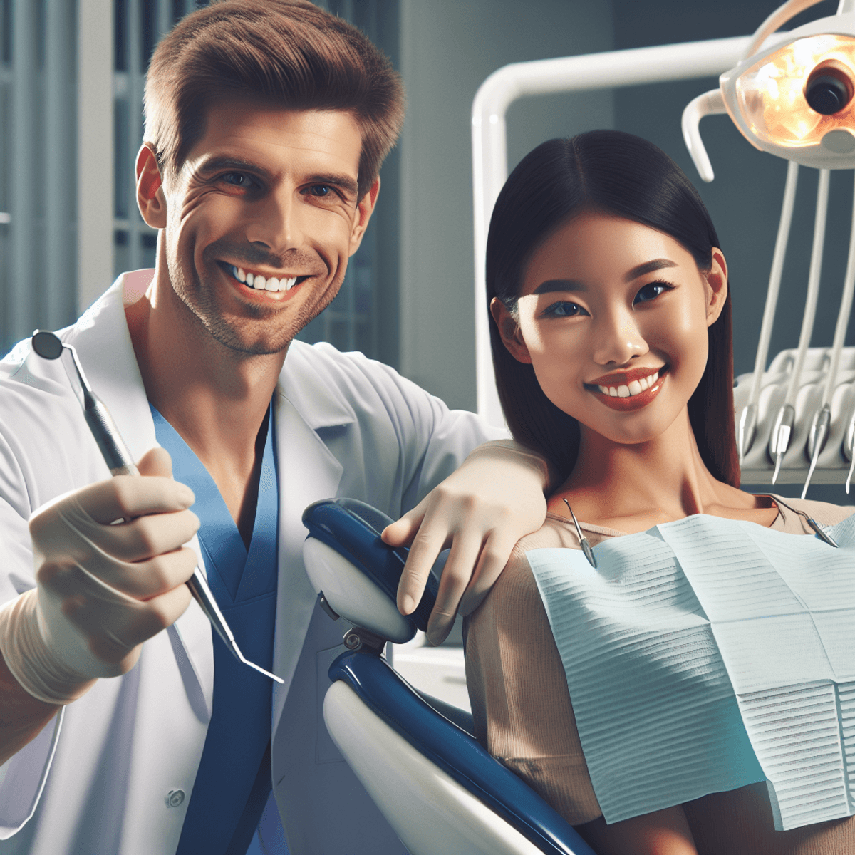 A Caucasian dentist holding dental tools and smiling warmly stands next to an Asian patient, who also has a bright smile. They are in a modern dental