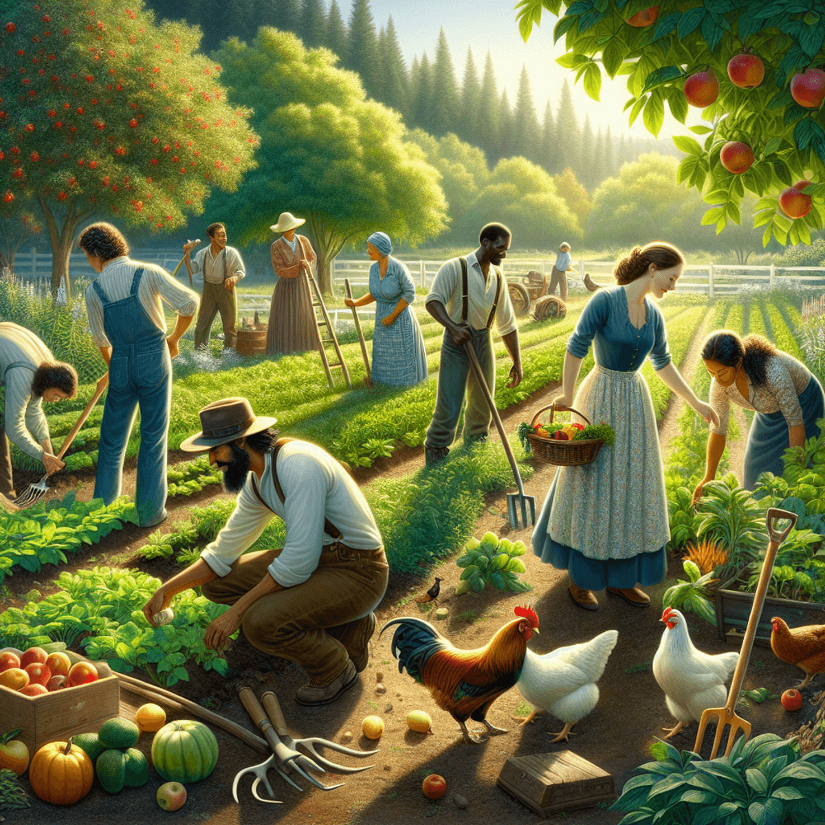 A vibrant outdoor scene showing a diverse group of people engaged in homesteading activities. A Caucasian woman plants vegetables in a lush garden, wh