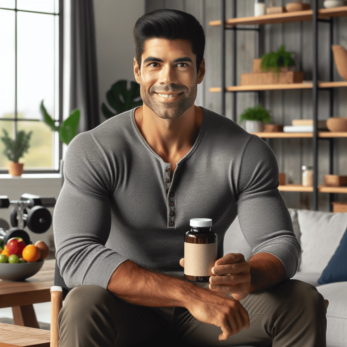 A confident, smiling Hispanic man in his 30s sits comfortably in a modern living room, holding a bottle of dietary supplements. The decor reflects a h