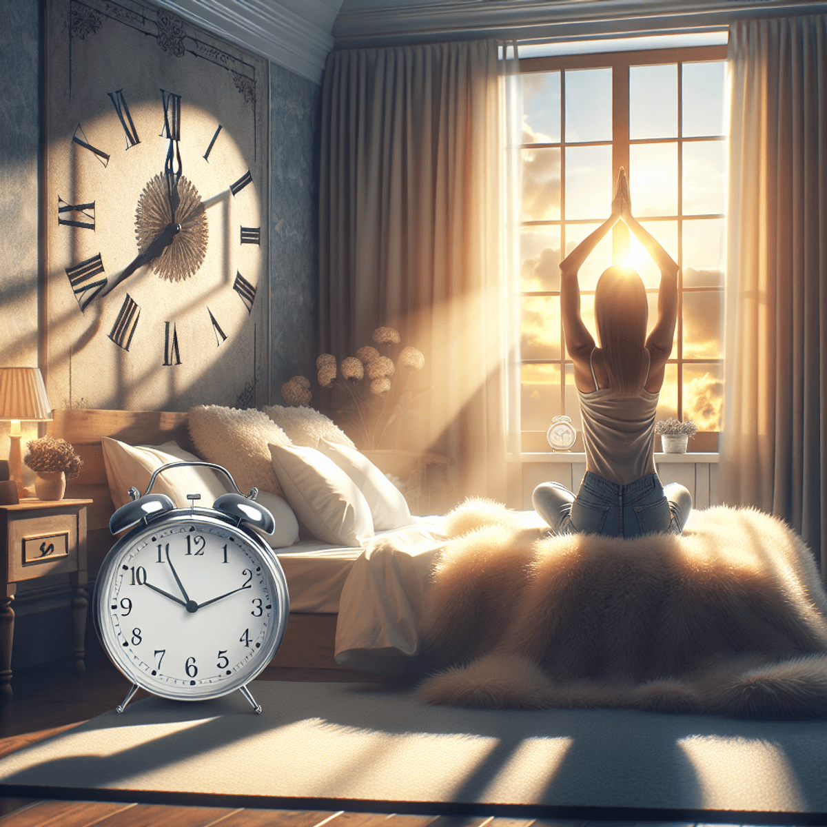 A serene early morning bedroom scene featuring a fluffy, cozy bed with soft linens, bathed in warm dawn sunlight streaming through a window. A clock o