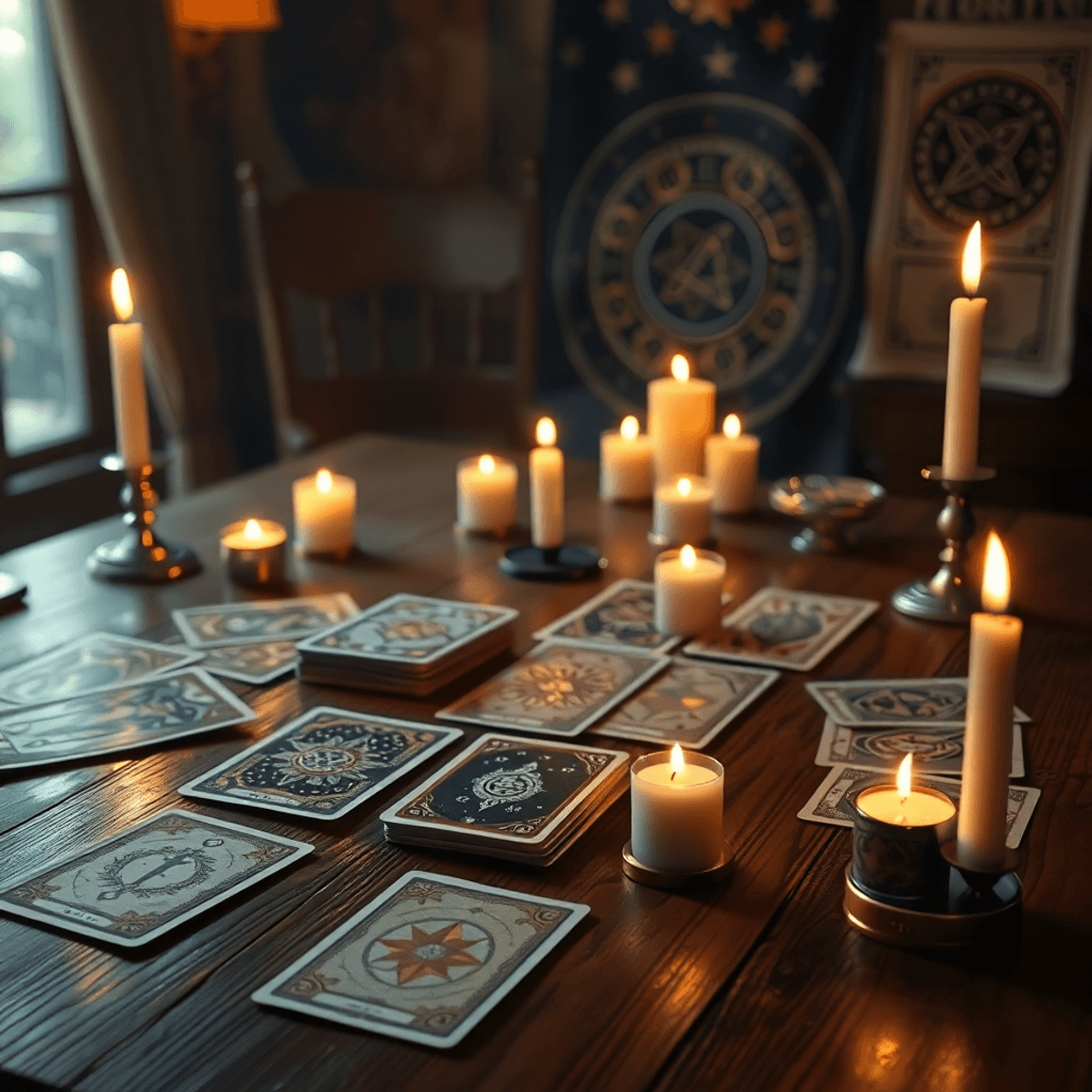 A warm, inviting scene with tarot cards spread on a wooden table, surrounded by lit candles and adorned with symbols of stars and ancient runes in the