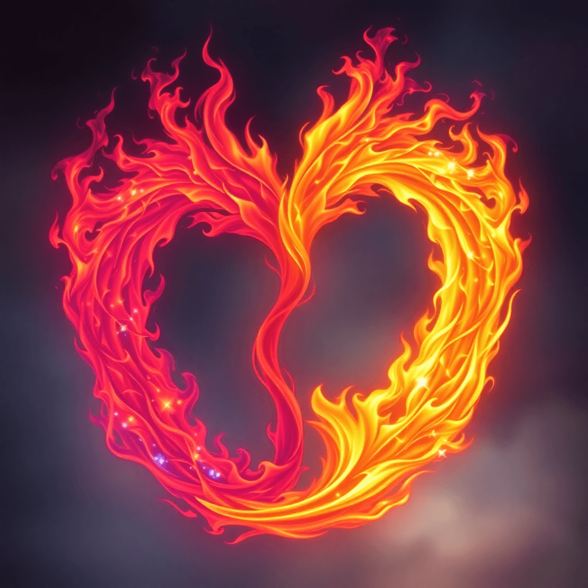 A close-up of two vibrant, intertwined flames against a soft, ethereal background, symbolizing passion and connection in a mystical Twin Flames relati