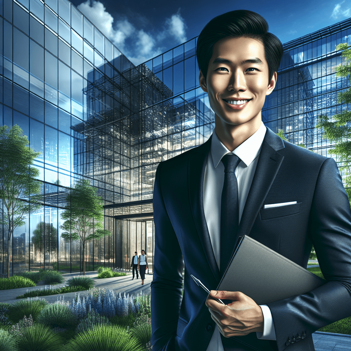 A confident, bright-smiling Asian businessman in a polished suit stands boldly in front of a contemporary glass facade office complex. He holds a slee