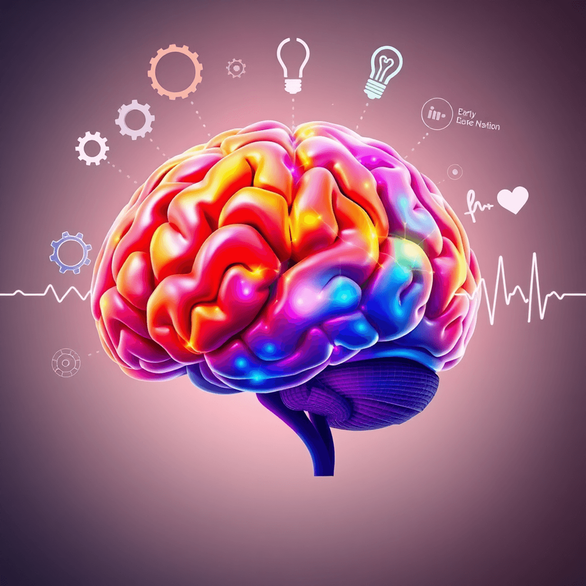 A vibrant, realistic human brain surrounded by symbols like gears, light bulbs, and heartbeat lines on a soft, calming background, emphasizing brain h