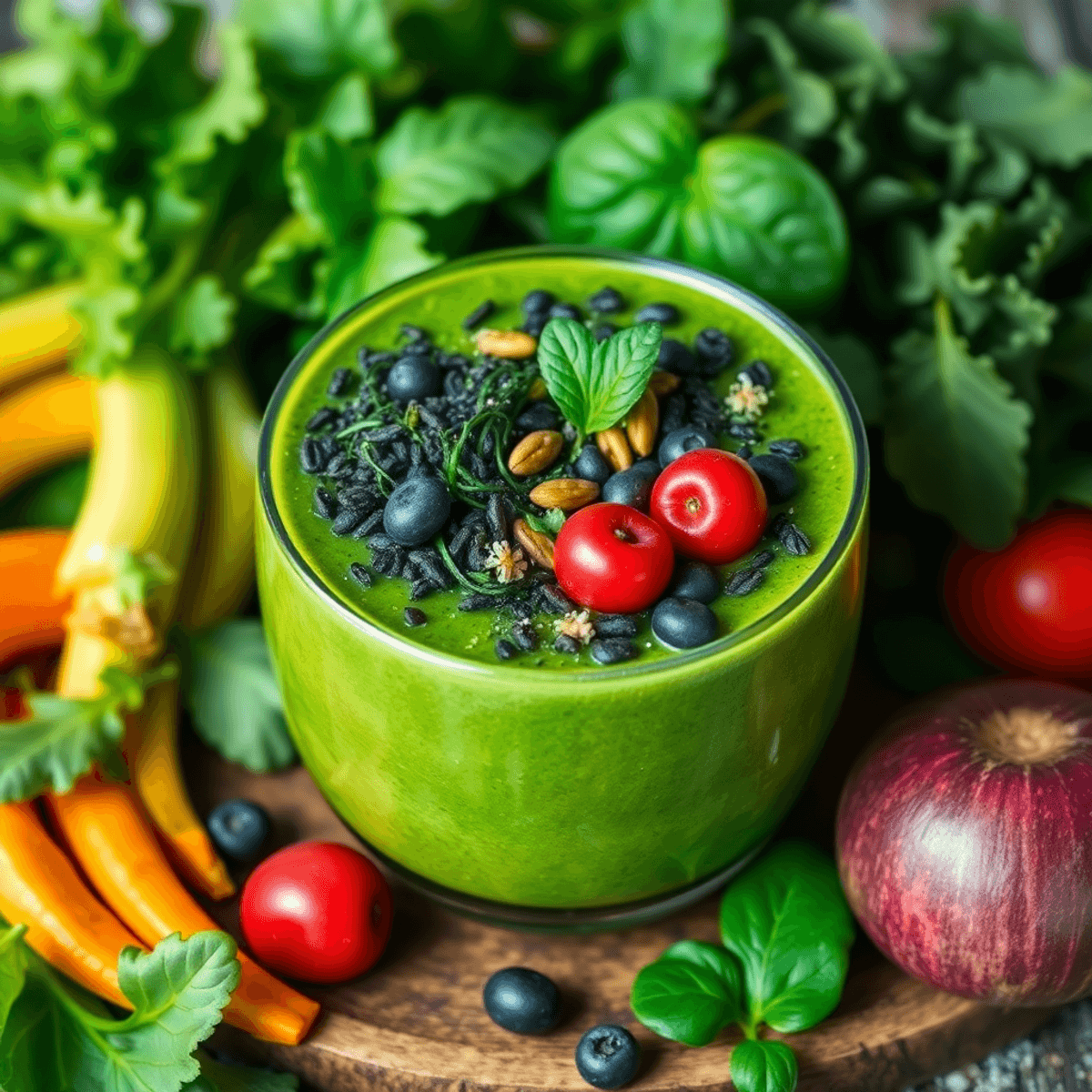 A vibrant green smoothie bowl topped with spirulina, moringa, and chlorella, surrounded by fresh leafy greens and colorful fruits, exuding a sense of