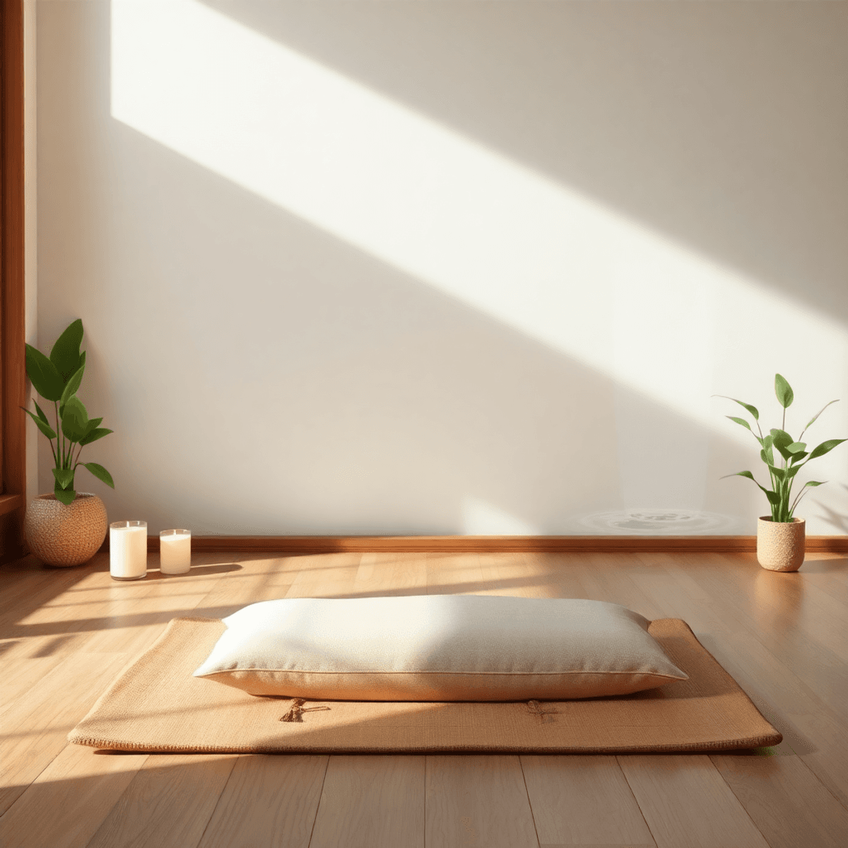 A peaceful meditation space with a soft cushion on a wooden floor, surrounded by candles, plants, and gentle flowing water, all bathed in warm natural