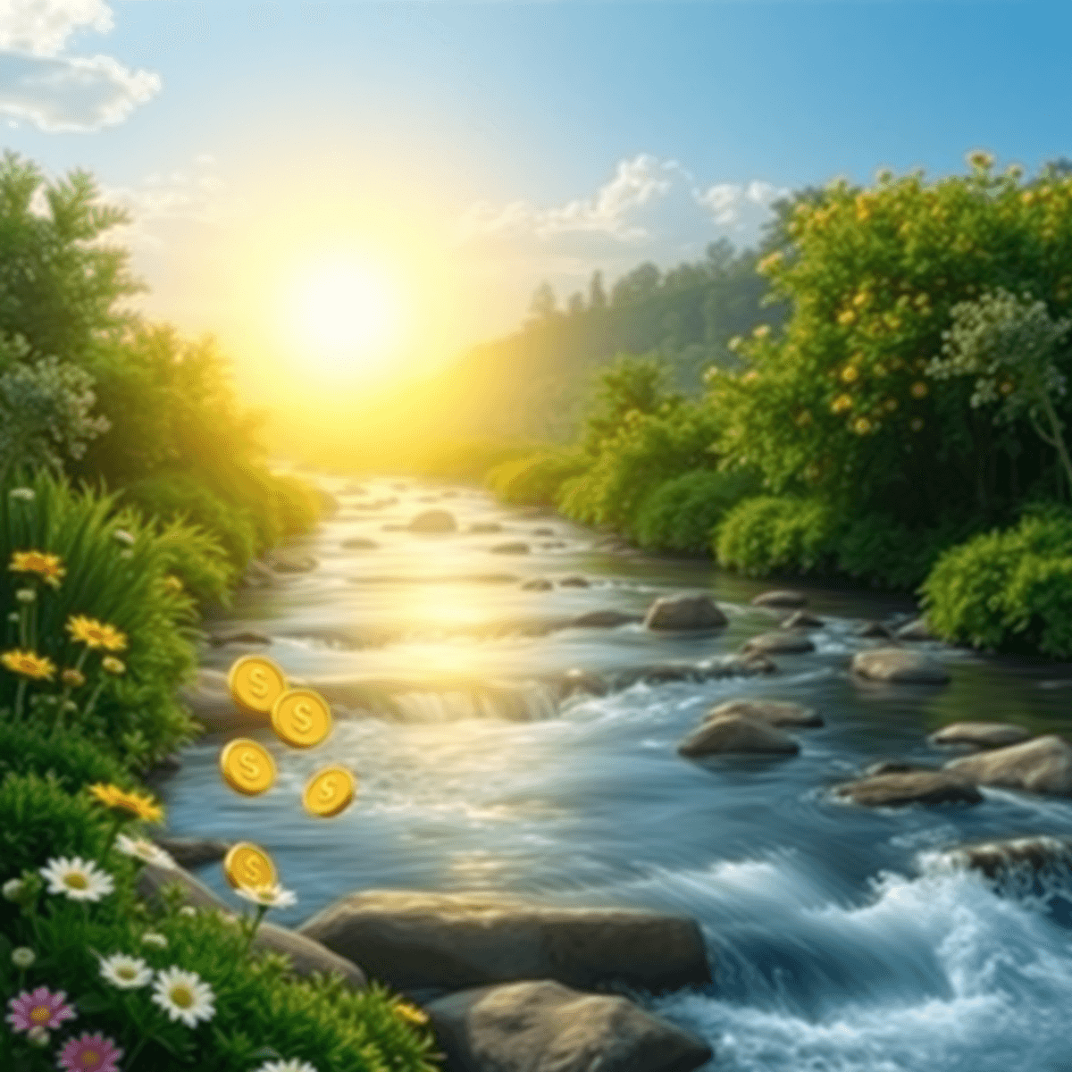 A serene landscape featuring a flowing river surrounded by lush greenery and vibrant flowers, with a golden glow from the water and subtle symbols of