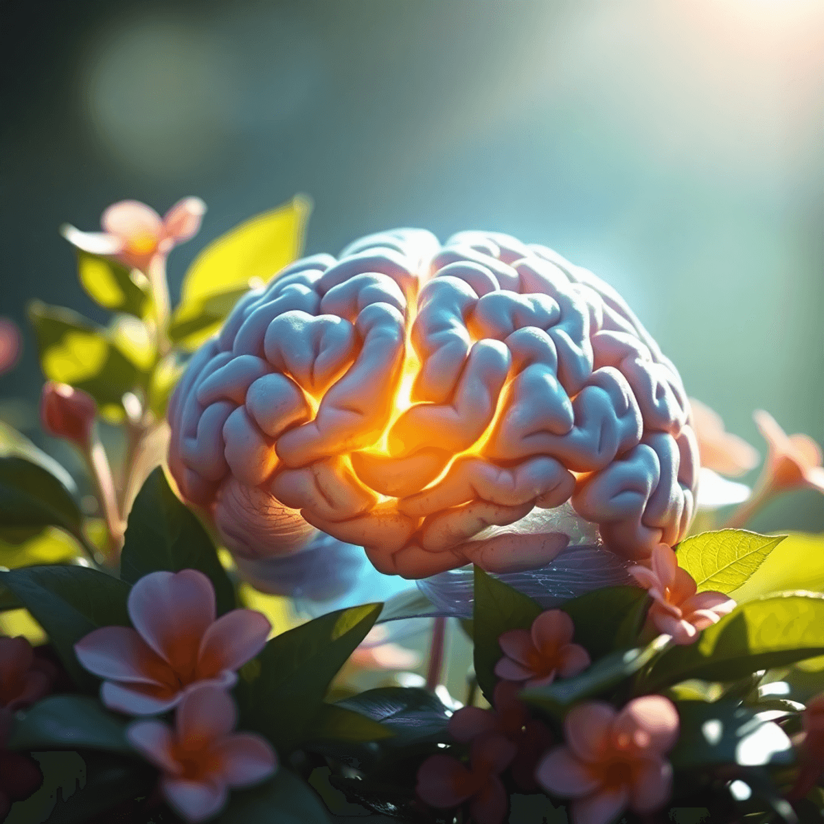 A realistic depiction of a brain surrounded by vibrant leaves and flowers, illuminated by soft light, symbolizing clarity and holistic cognitive healt