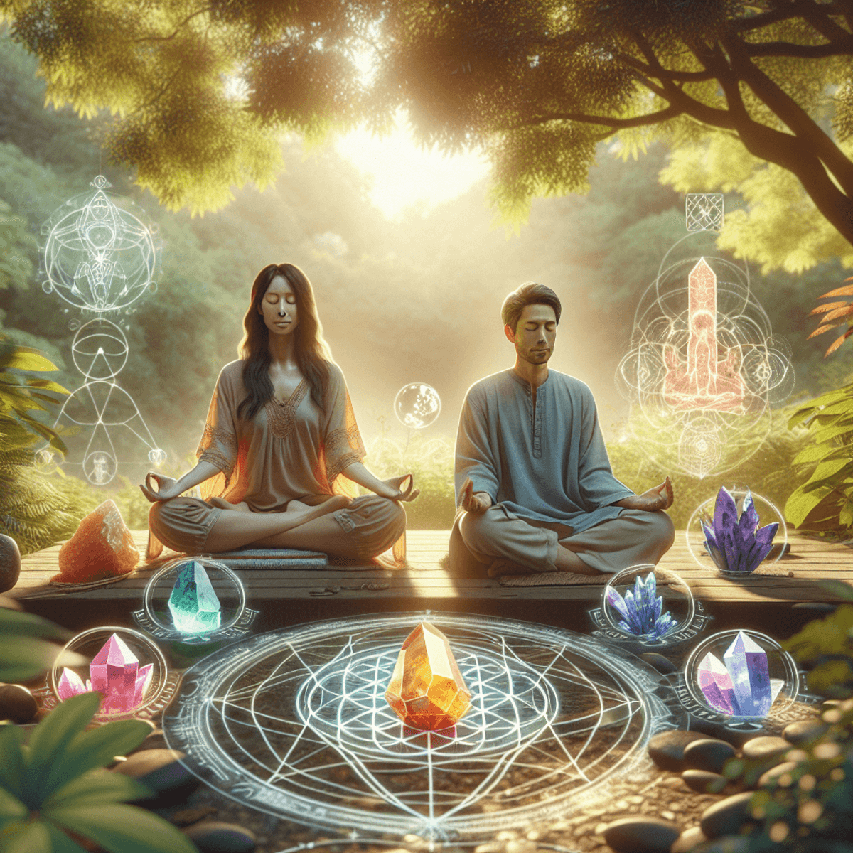 A serene outdoor meditation scene featuring a Caucasian woman, an Asian man, and a Hispanic woman seated in peaceful contemplation. Soft evening sunli