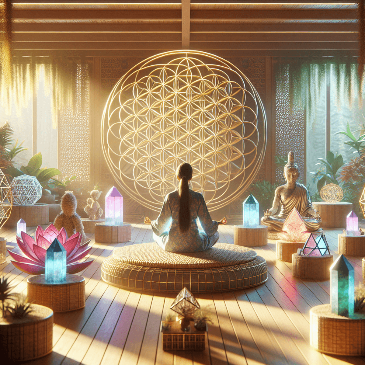 A serene meditation space featuring sacred geometric forms, including the Flower of Life and Metatron's Cube, with a calm East Asian individual medita