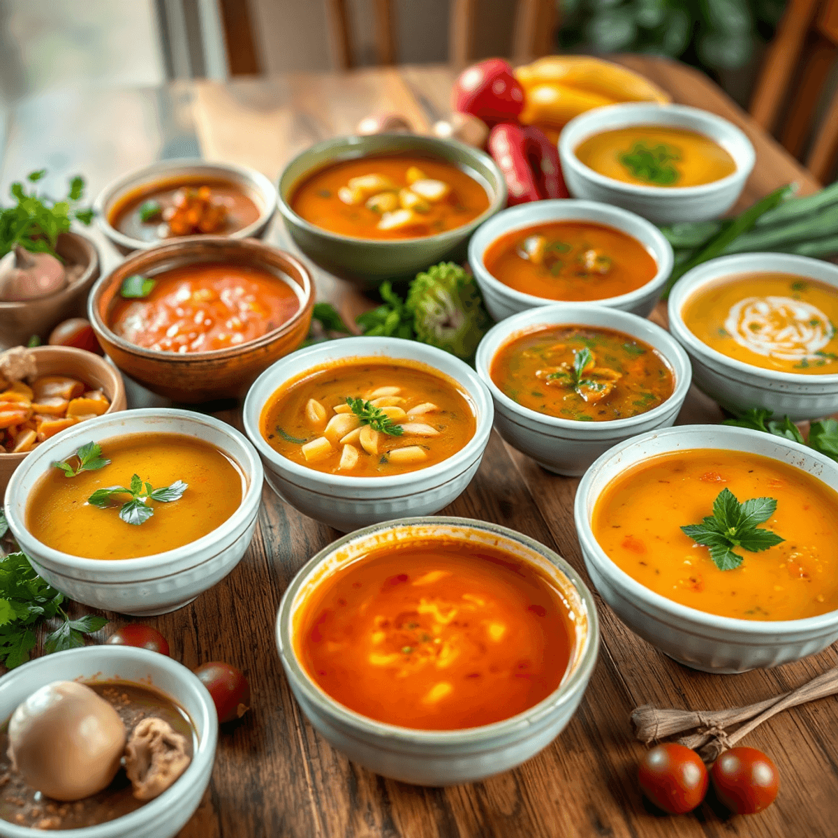 A wooden table displays an array of colorful, fresh soups in bowls surrounded by vibrant vegetables, herbs, and spices, creating a warm, inviting atmo