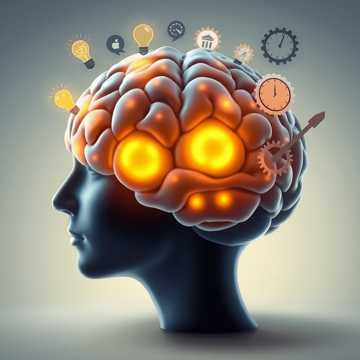 A realistic brain with glowing areas, surrounded by light bulbs, gears, and a clock, set against a soft, calming background to evoke mental clarity an