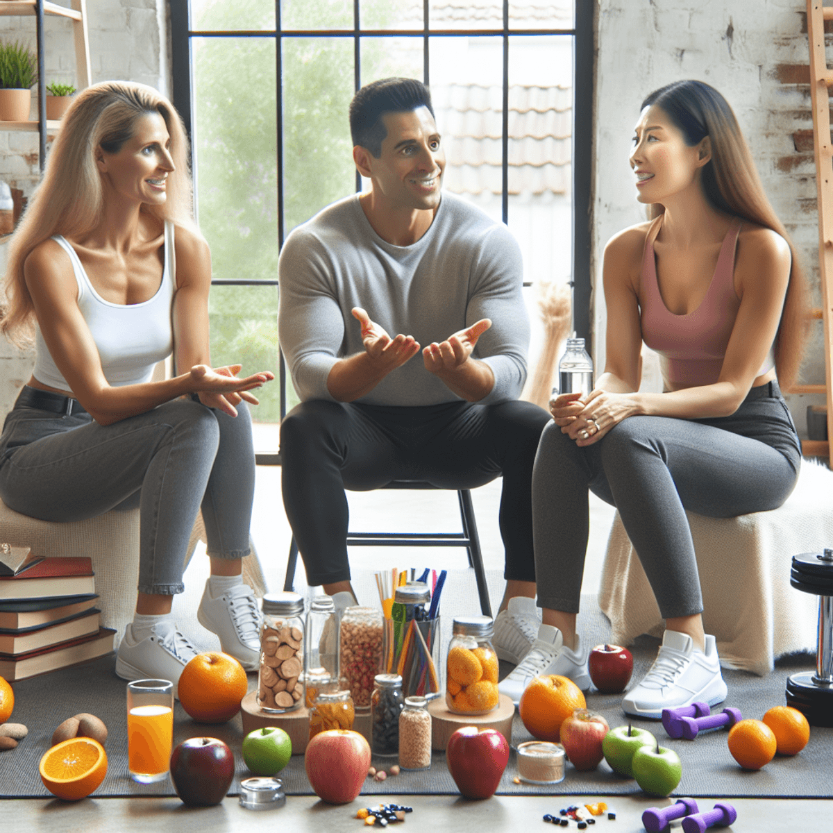 A Caucasian woman, a Hispanic man, and an Asian woman engaged in a lively discussion about health and wellness in a vibrant setting filled with fresh