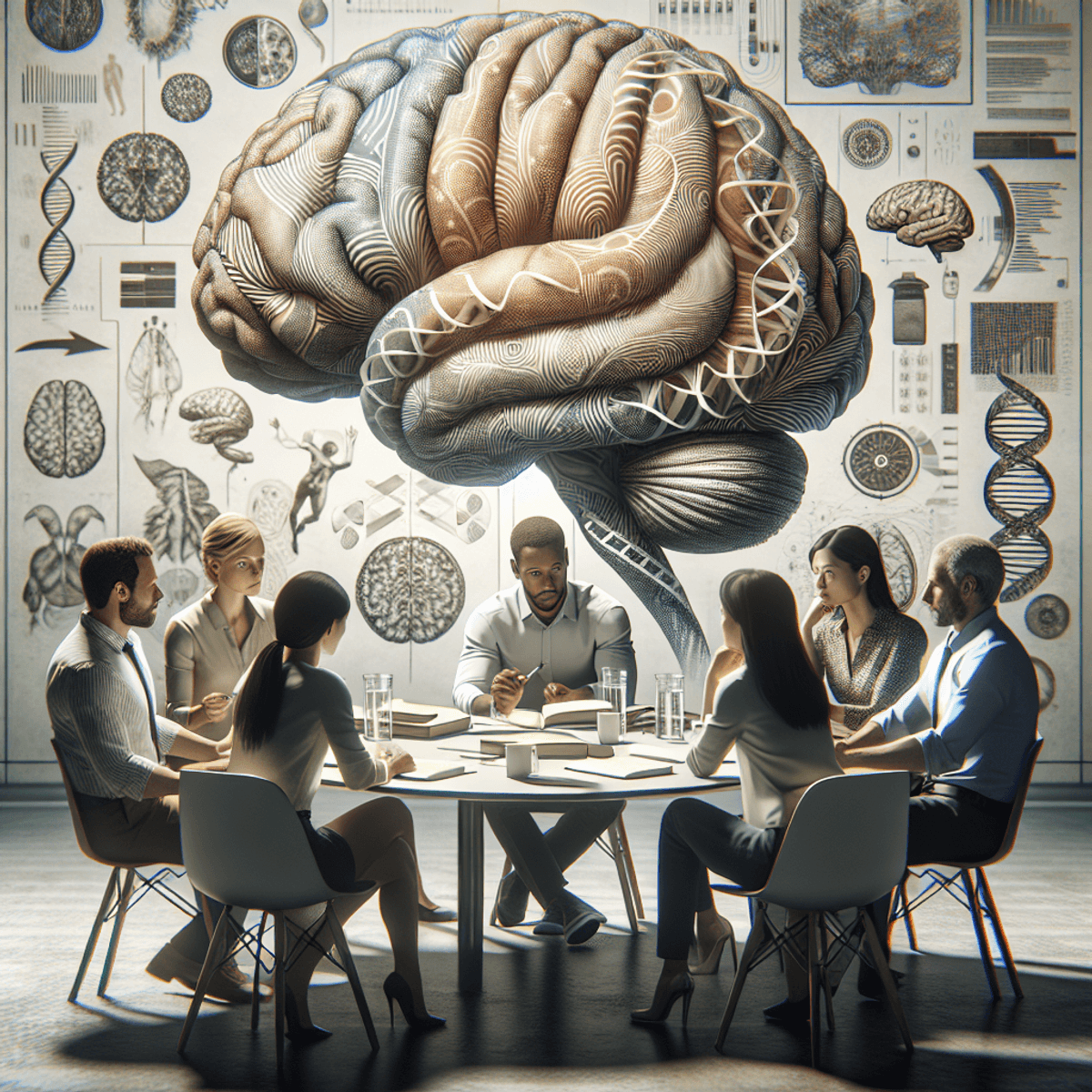 A diverse group of three people—Caucasian woman, Hispanic man, and Asian woman—are seated around a round table cluttered with books and visuals about