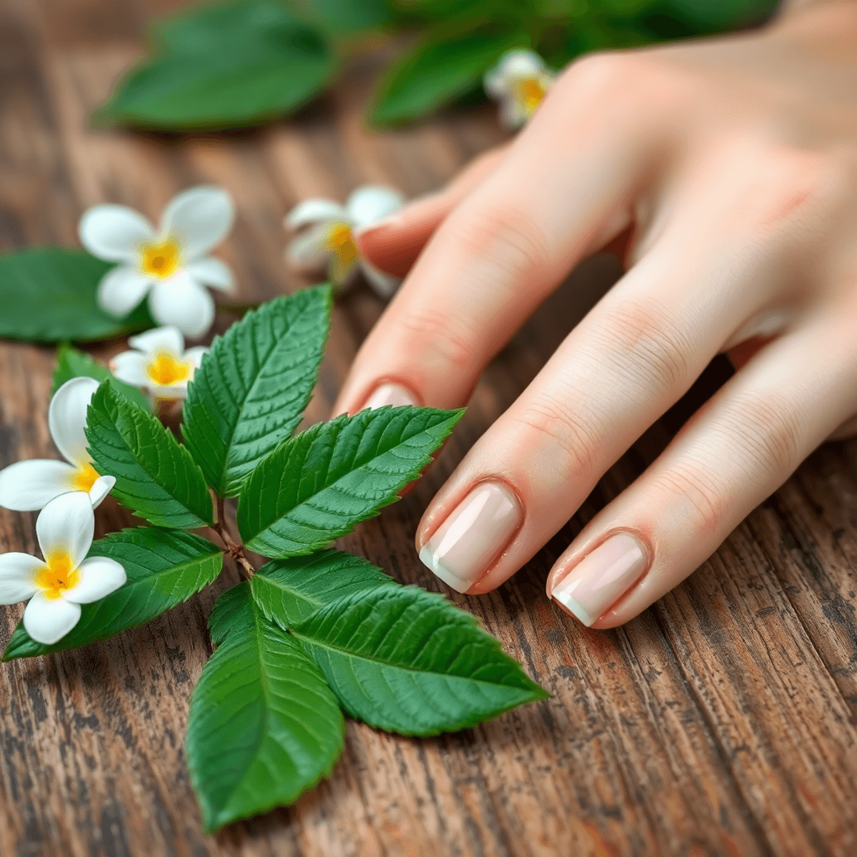 Close-up of healthy, well-groomed nails on a wooden table surrounded by leaves and flowers, highlighting vibrant strength and natural wellness.