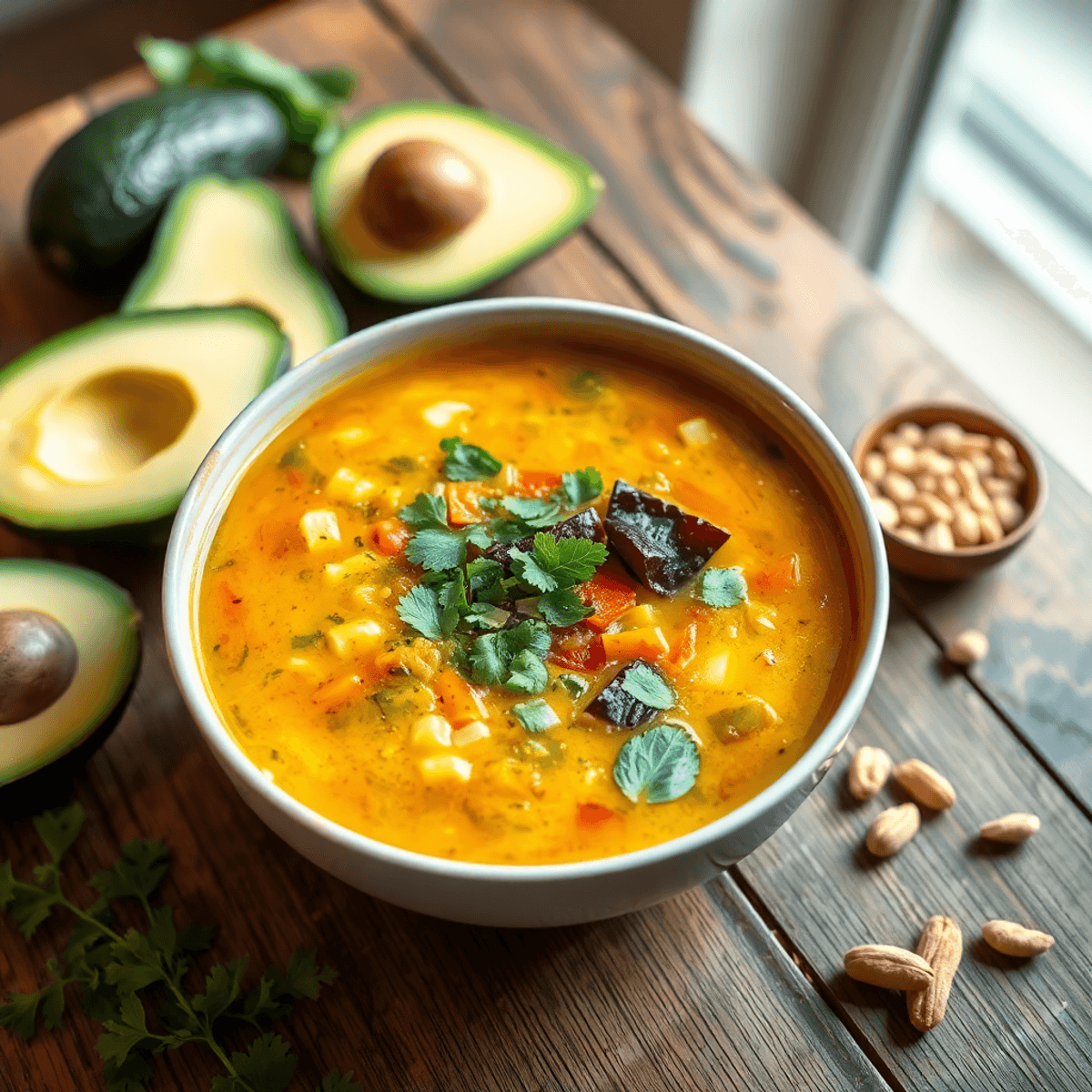 A colorful bowl of keto-friendly soup filled with vibrant vegetables and herbs, surrounded by fresh avocados, leafy greens, and nuts on a warm wooden