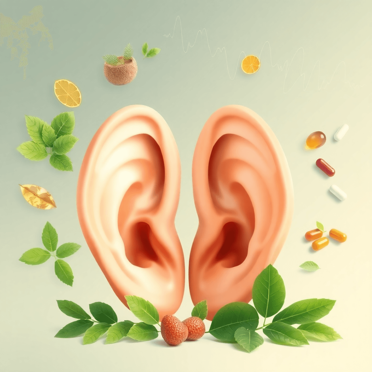 A pair of healthy ears surrounded by leafy greens, supplements, and sound waves, set against a calming background in soft colors that evoke tranquilit