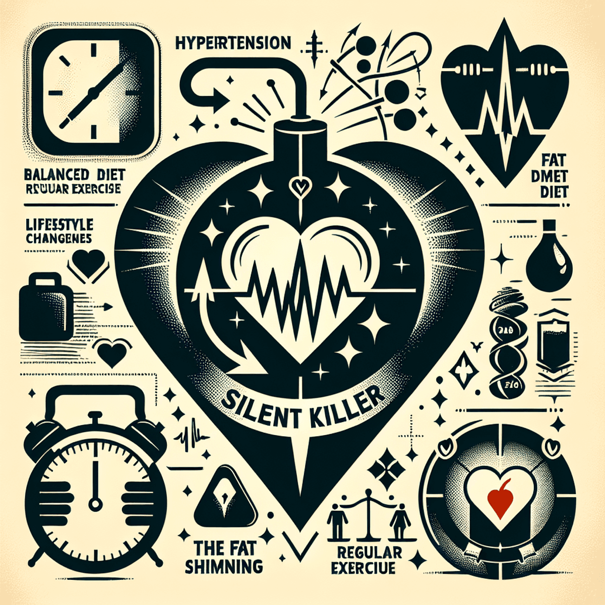 A digital art representation of a heart-shaped symbol with a blood pressure cuff around it, symbolizing heart hypertension.