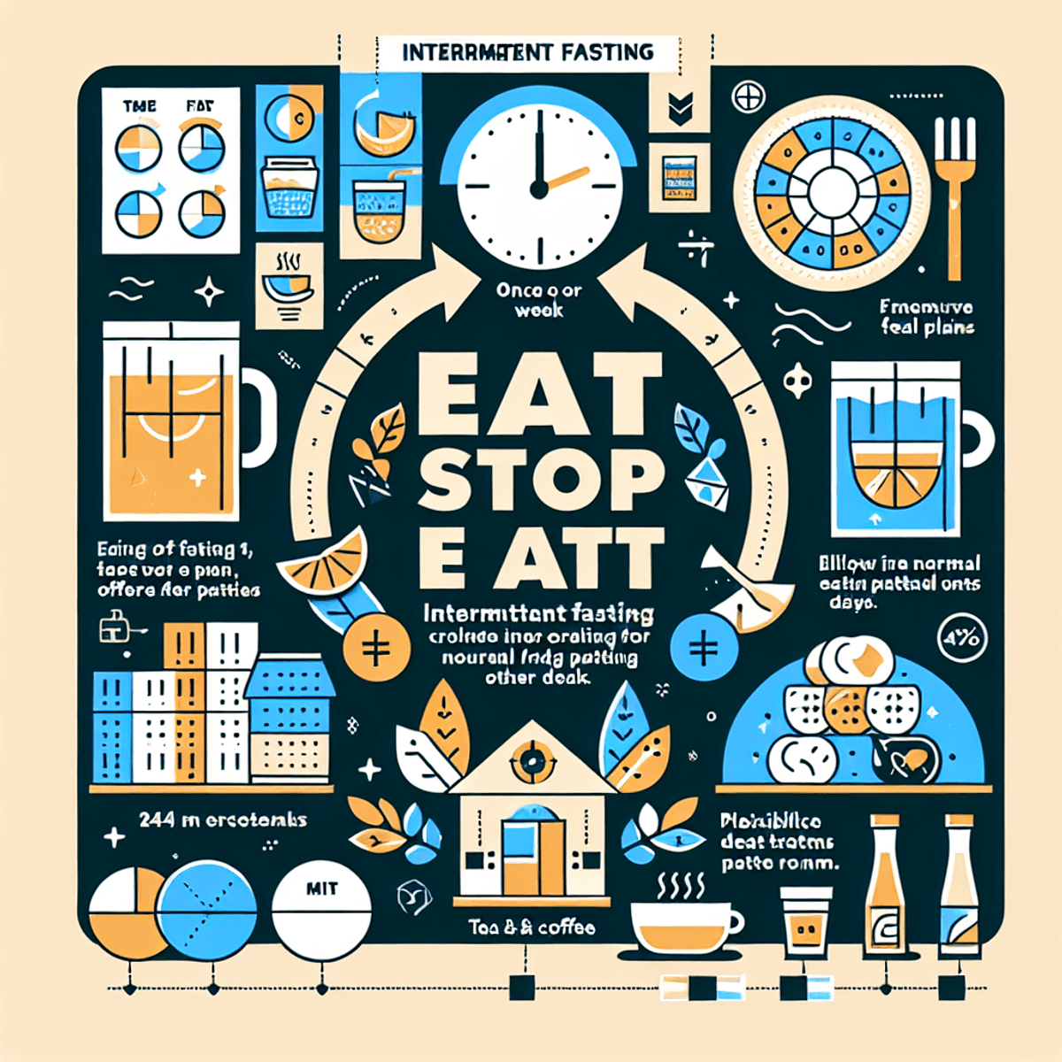 A digital art representation of a clock and a plate, symbolizing intermittent fasting.