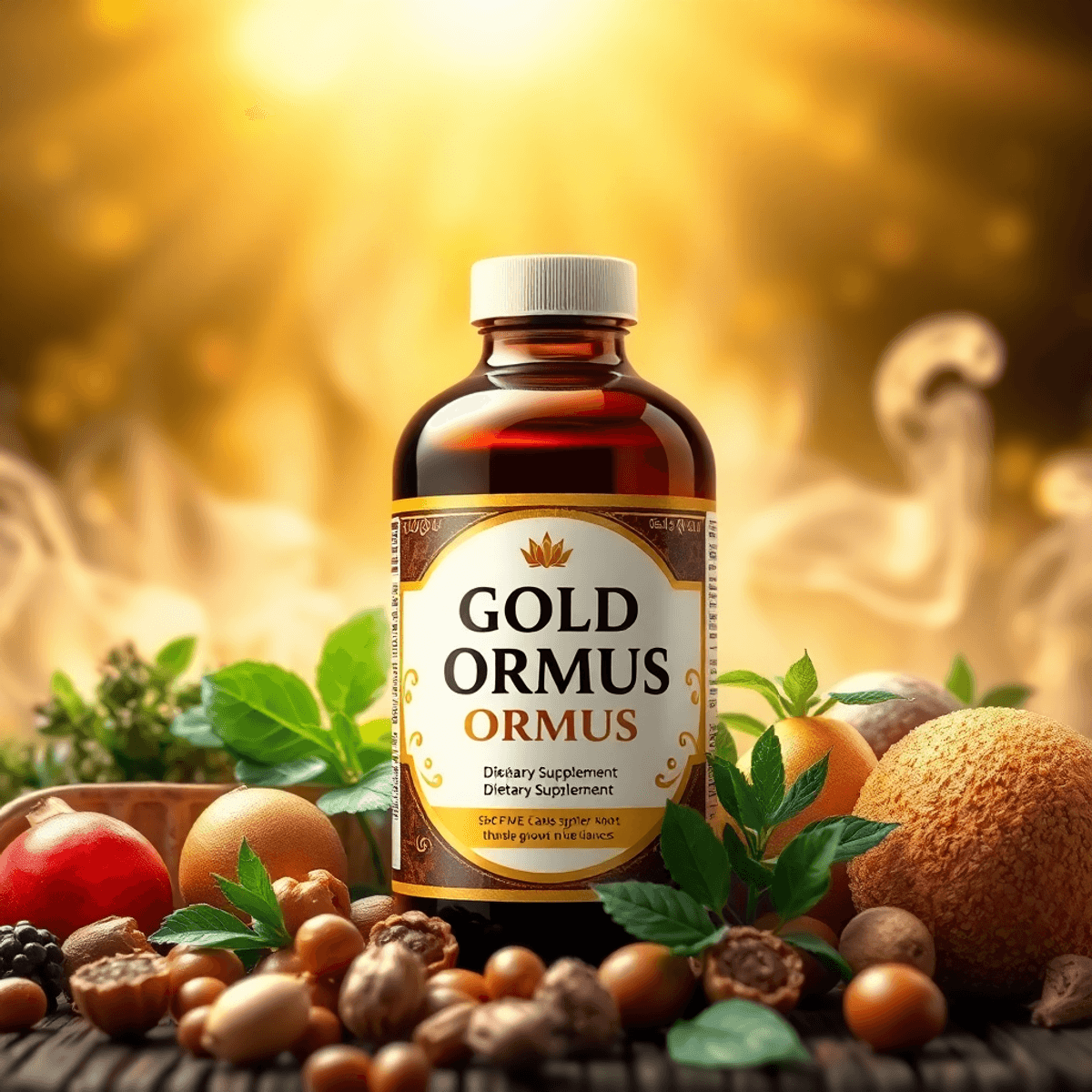 A bottle of dietary supplement surrounded by herbs and fruits, set against a vibrant backdrop with a golden glow, symbolizing energy and vitality.