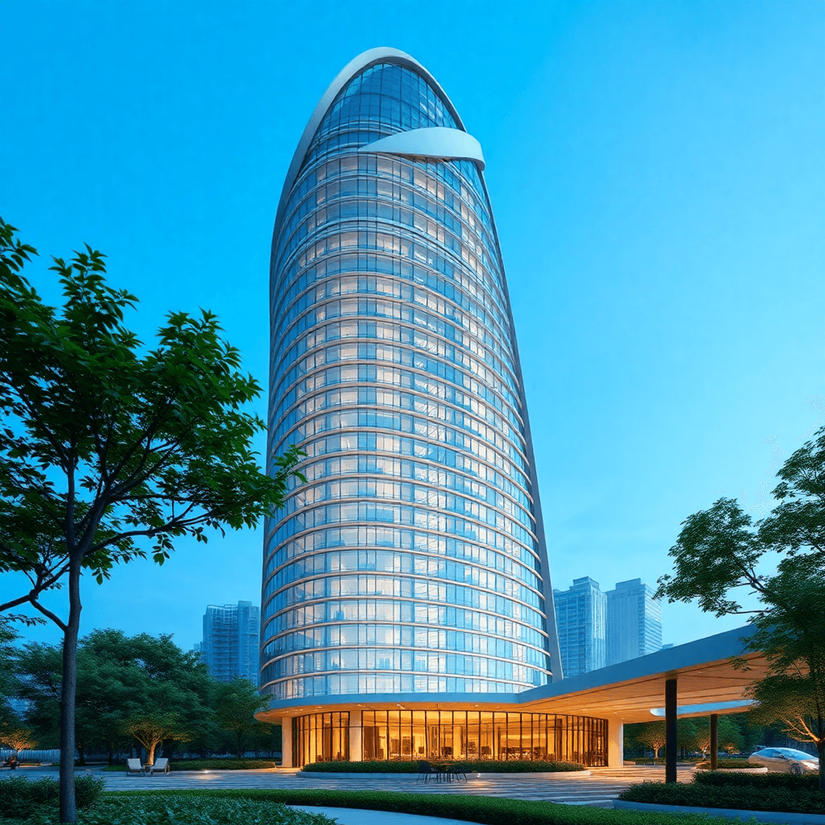 Aqua Tower in Chicago stands tall with flowing curves and glass windows, set against a clear blue sky and greenery, epitomizing luxury and tranquility