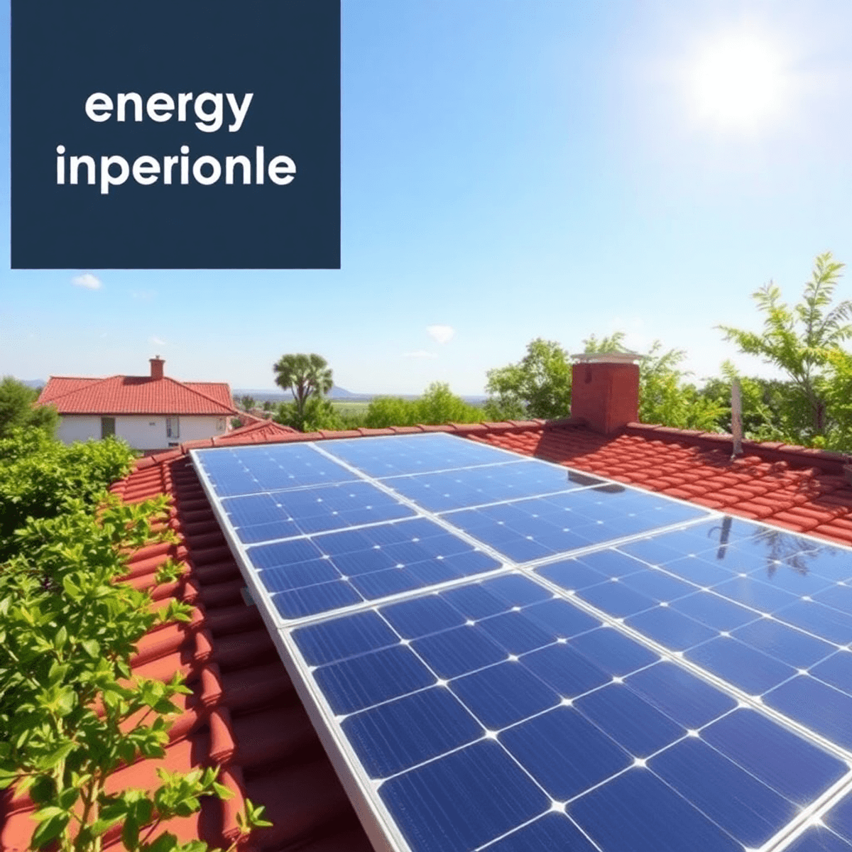 A sunny rooftop with solar panels installed, surrounded by lush greenery, symbolizing energy independence and sustainability in a realistic style.