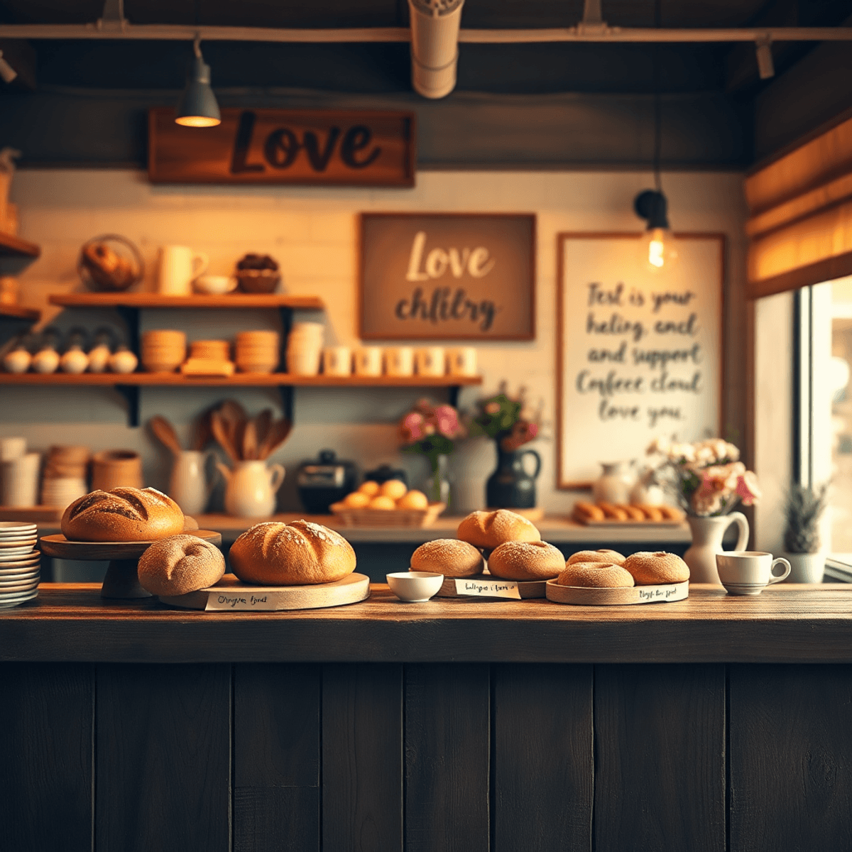 A warm, inviting bakery with a rustic wooden counter brimming with freshly baked pastries and bread, complemented by cozy coffee cups and flowers i...