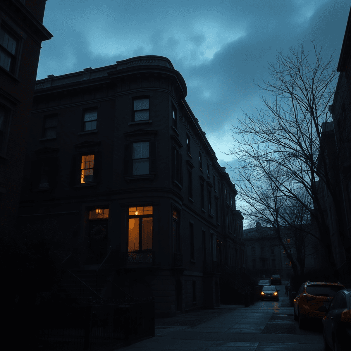 A dark, moody New York City brownstone at dusk with subtle shadows, evoking suspense and hidden secrets in a realistic style.